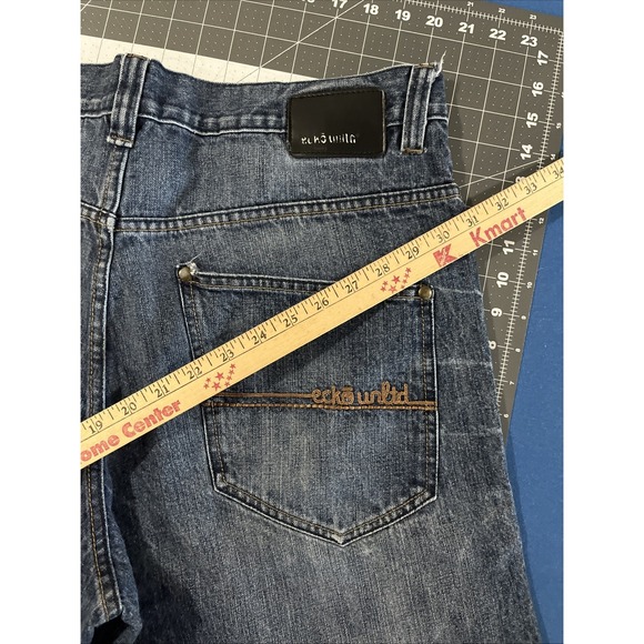 ECKO UNLTD Jean Shorts Mens 36 Blue Fade / Distress Baggy Wide-Leg Hip-Hop Y2K - Picture 1 of 9